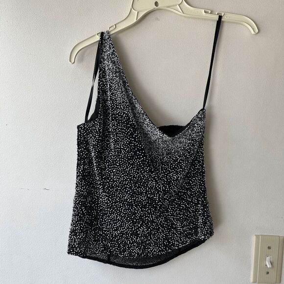 VTG Scala Beaded Silk One Shoulder Asymmetrical Top Black Silver M - Picture 13 of 16